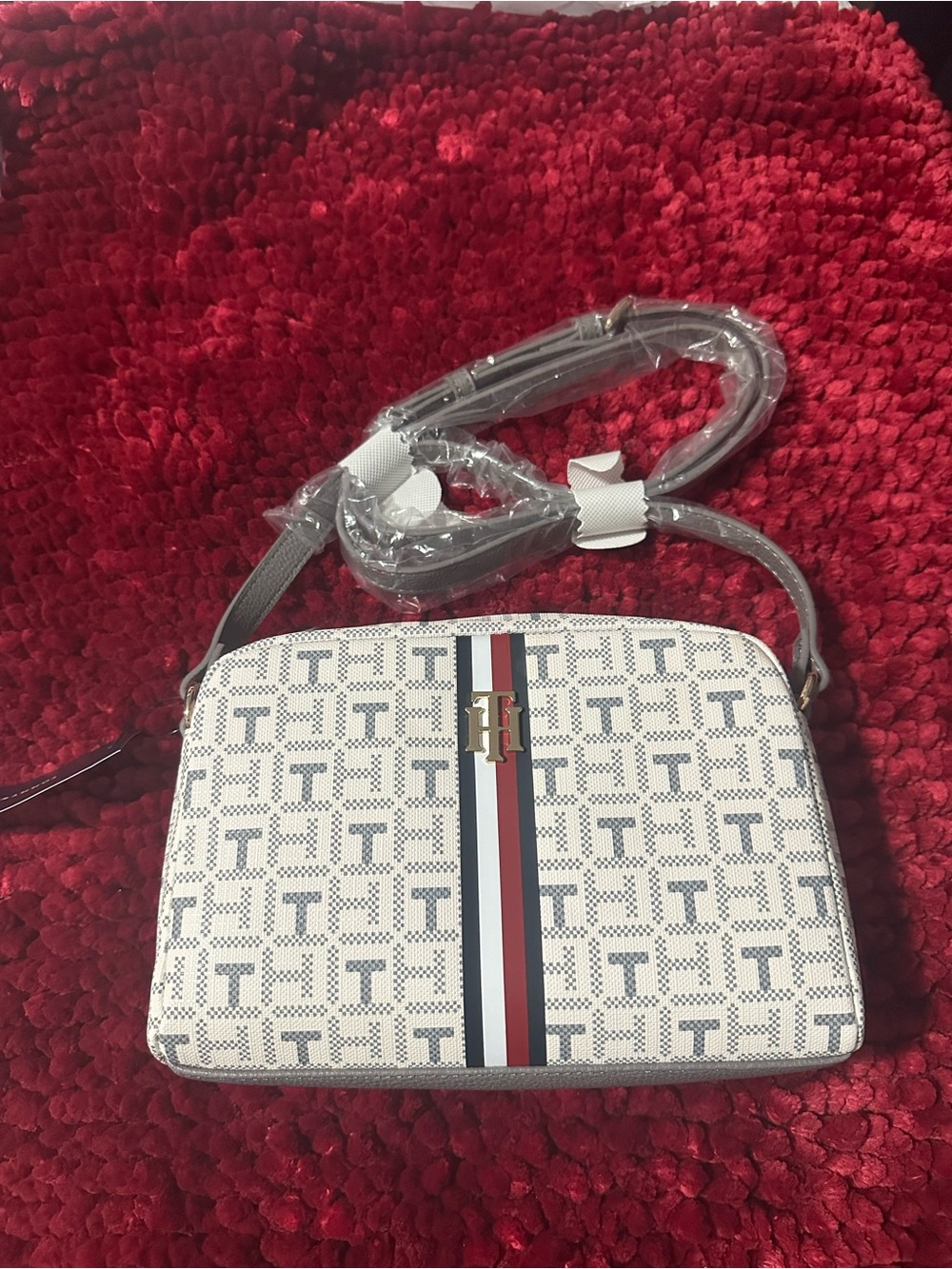 Tommy Hilfiger White Monogram Crossbody with Red & Navy Center Stripe